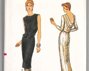 V8861 | sz 10 | Vogue 8861 Early 80s Cocktail Sheath Dress or Evening Gown Sewing Pattern: Deep Cowl Back Wraps Around Front, Self Tie, Slit