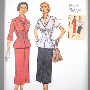 May include: Vintage Simplicity sewing pattern for a 1950s style dress and jacket. The pattern is for sizes 16-24 and includes instructions for making a white dress with a fitted bodice and a full skirt, and a red jacket with a fitted bodice and a skirt.