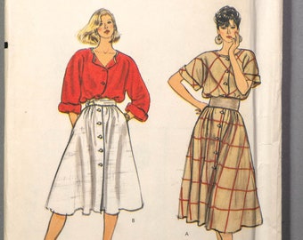 V8326 | sz 16 | Vogue 8326 Retro 1980s 80s Loose Fitting Blouson Dress Sewing Pattern: Flared Skirt Elastic Waist Button Front Pockets Bias