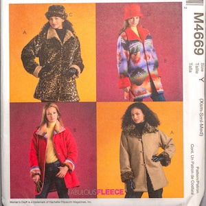 May include: McCall's Woman's Day Collection sewing pattern. The pattern features four coat designs, including a leopard print coat, a red coat, and a tan coat with faux fur trim. The pattern size is Y (Xsm-Sml-Med).