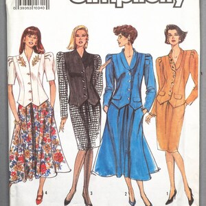 May include: Simplicity sewing pattern number 9855 for sizes 6-14. The pattern includes four different styles of jackets and skirts. The jackets have a button-up front and a collar. The skirts are all knee-length and have a variety of styles, including a floral print, a plaid print, and a solid colour.