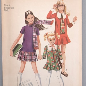 S9534 | girl size 4 | Vintage 1971 Simplicity 9534 Girl Kids Children Sewing Pattern Dropped Waist Dress, Mini Skirt, BIG 70s Collar, Scarf