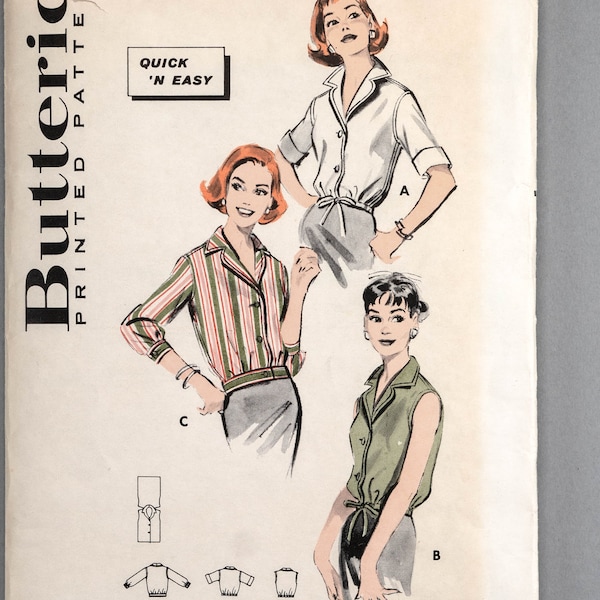 B8583 | sz 12 B32 | Butterick 8583 Sewing Pattern c1954 50s Misses Blouson Shirt Blouse Top: Button Front Collar Shaped Waistband Drawstring