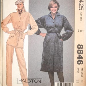May include: McCall's sewing pattern featuring a Halston design. The pattern cover shows illustrations of a tan suit and a gray coat with a belt. The pattern number is 8846, and the bust size is 38 inches.