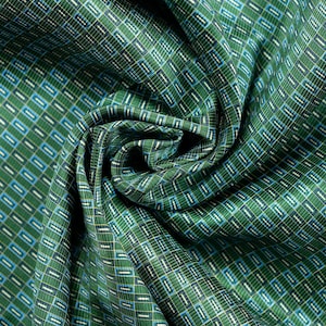 100% Silk Twill Fabric for Neckties — Green, Blue Geometric Print — Sold by 32.5" x 22.5" Printed Piece, Scarf Retro Costume Dolls Deadstock
