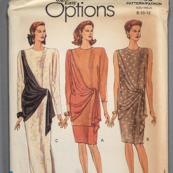 V7935 | sz 8-10-12 | Vogue Easy Options 7935 Sewing Pattern 1990 Misses Tapered Dress or Tunic Top and Skirt: Front Drape, Jewel Neck, Slit