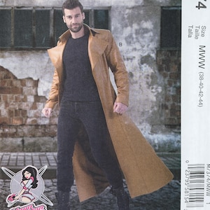 May include: A McCall's Costumes sewing pattern envelope M7374 featuring a tan trench coat. The cover displays a person wearing the coat over a black shirt and black pants. The text includes McCall's Costumes, M7374, and size MWW (38-40-42-44).