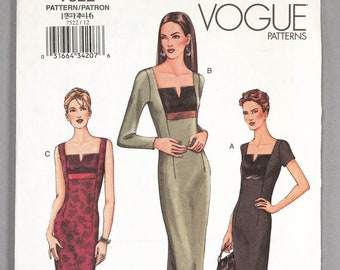 V7522 | szs 12-16 | Vogue 7522 Fitted Lined Sheath Dress or Evening Gown Sewing Pattern: Contrast High Waist Inset, Neckline Notch, Sleeves