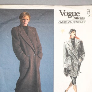 May include: A vintage Vogue sewing pattern for a long coat. The pattern is for a double-breasted coat with a collar and pockets. The pattern is by Perry Ellis and is labelled "Easy/Facile".
