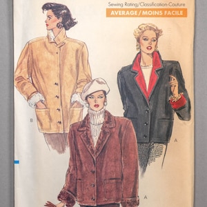 V7595 | 6-10 | Vogue 7595 Retro 80s Lined Barn Jacket Sewing Pattern: Casual, Notch Collar, Contrast Lapels, Faux Fur Leather Suede Corduroy