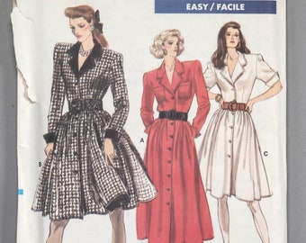 V7040 | sz 8-10-12 | Vogue 7040 1987 80s Misses Shirt Dress Sewing Pattern: Button Front Shirtdress, Notched Collar, Flared Full Skirt, Maxi