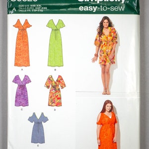 May include: Simplicity sewing pattern S0829, easy-to-sew, for sizes XXS-XXL, featuring five different styles of maxi dresses with a V-neck and tie waist. The dresses are shown in orange, green, purple, floral print, and blue.