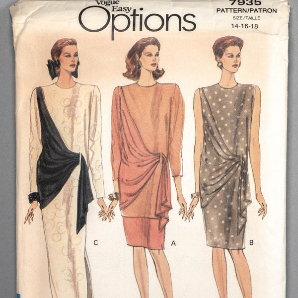 V7935 | sz 14-16-18 | Vogue Easy Options 7935 Sewing Pattern 1990 Misses Tapered Dress or Tunic Top & Skirt: Front Drape, Jewel Neck, Slit