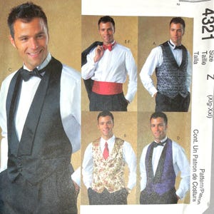 May include: McCall's sewing pattern featuring a tuxedo vest and shirt variations. The pattern includes images of a man wearing different vest styles, including black, patterned, and purple. The pattern size is Z (Xlg-XXl).