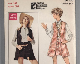 B5476 | sz 12 | Butterick 5476 1969 1960s Young Designer Mary Quant London Misses Teen Sewing Pattern Mod Vest Jacket Blouse Belt Shorts