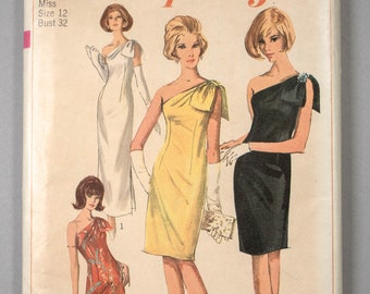 S6263 | Sz 12 B32 | Simplicity 6263 1960s 60s Lined Sarong Style Dress or Evening Gown Sewing Pattern: One Shoulder, Side Zipper, Darts, Bow