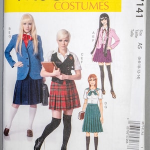 May include: McCall's Costumes pattern M7141 featuring illustrations of school uniform designs. The pattern includes a blue blazer and pleated skirt, a plaid skirt and vest, and a pink blazer with a pleated skirt. The pattern size is A5.