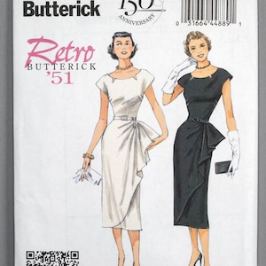 May include: A vintage sewing pattern for a dress, featuring two women wearing black and white dresses with a retro style. The pattern is from Butterick and is labelled "Retro '51".