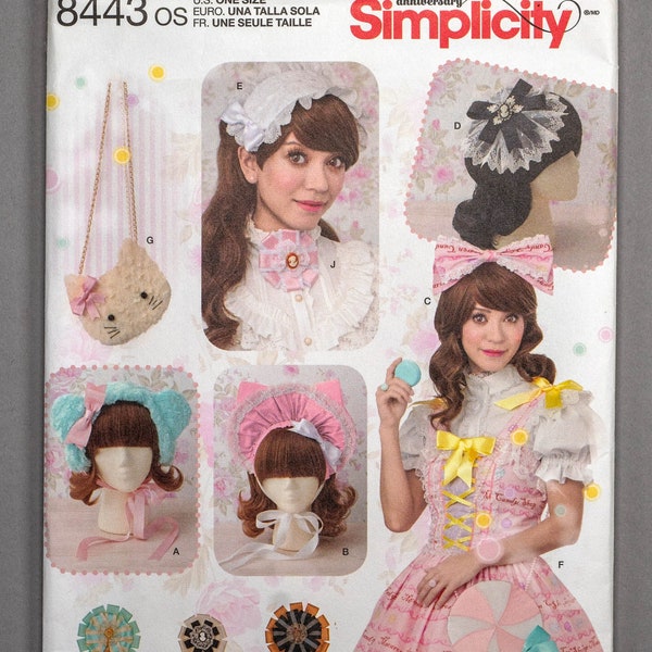 S8443 | OSZ | Simplicity 8443 Sweet Lolita Costume Accessories Sewing Pattern: Purse, Bonnets, Hair Ribbon, Cockade Medallions, Fascinator