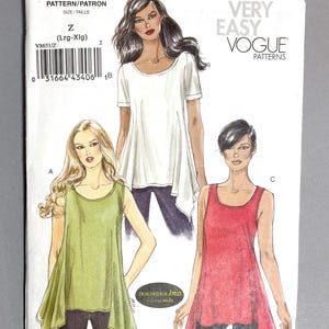 May include: Vogue pattern V8651 features illustrations of three different tops. The pattern includes the text "VERY EASY VOGUE PATTERNS" and "DESIGNED FOR knits". The size is Z (Lrg-Xlg). The color palette includes white, green, and red.