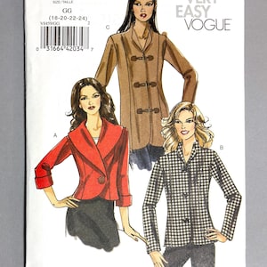May include: A Very Easy Vogue sewing pattern, V8459, featuring illustrations of three different jacket styles. The pattern includes sizes GG (18-20-22-24). The jackets are a red blazer, a houndstooth jacket, and a brown toggle coat.