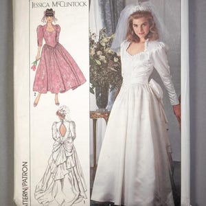May include: Simplicity pattern 9505 featuring a Jessica McClintock design. The pattern includes illustrations of a white wedding dress with a veil and a pink floral dress. The pattern size is KK (8-14).