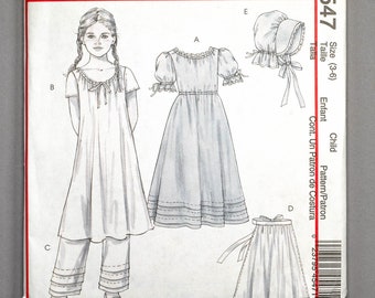 M4547 | szs 3-6 | McCall's 4547 Prairie Pioneer Girl Costume Sewing Pattern: Dress, Shift Chemise, Pantaloons, Apron, Bonnet, Early American