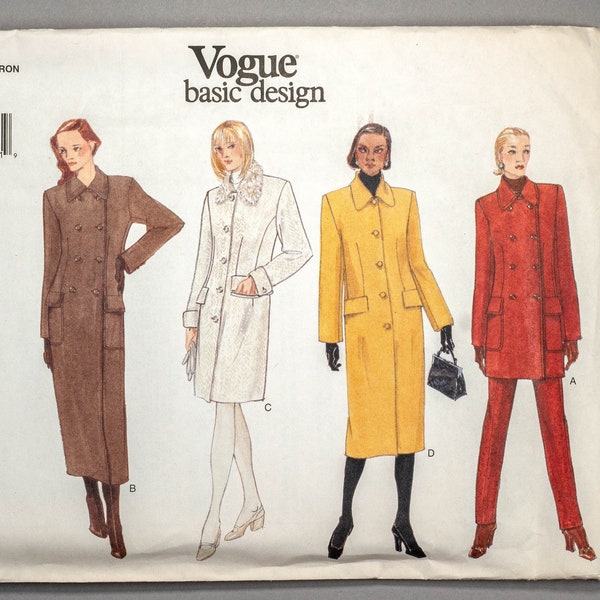 V1853 | 8-12 | Vogue Basic Design Lined Straight Coats, Jackets Sewing Pattern: Length, Front Closure Variations, Back Belt, Pleat, Pockets