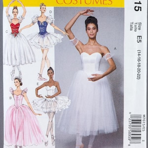 May include: A McCall's Costumes sewing pattern envelope M7615 for ballet costumes in sizes 14-16-18-20-22. The front features illustrations of five different ballet dress designs in white, red, blue, and pink, showcasing various bodices and skirts.
