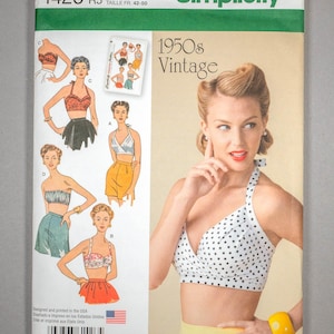 May include: Simplicity sewing pattern 1426 for vintage 1950s swimwear. The pattern features illustrations of various bikini and halter top designs. The cover includes the text "1950s Vintage" and the Simplicity logo.
