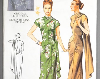 V2494 | szs 12-16 | Vogue 2494 Original 1948 Design Vintage Reprint Evening Dress Sewing Pattern: 40s Front Extends to Scarf Drape Close Fit