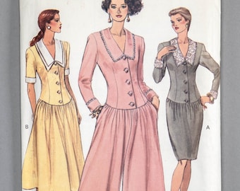 V8111 | sz 8-10-12 | Vogue 8111 Misses Sewing Pattern 1991 1990s Women's Dropped Waist Shirtdress or Culotte Split Skirt Dress Collar Cuffs