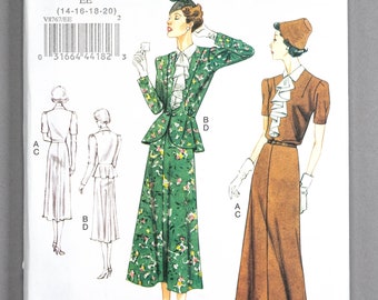 V8767 | szs 14-20 | Vogue 8767 Original 1938 Design Jacket, Dress, Belt Sewing Pattern: 1930s Ladies Suit Vintage Reprint Flounce Peplum 30s