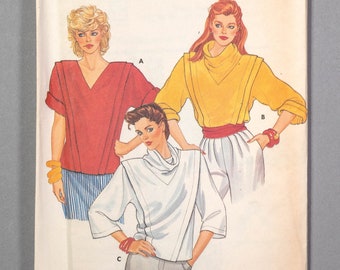 B4922 | sz 8 | Butterick 4922 Retro 1980s 80s Misses Pullover Blouse Top Sewing Pattern: Draped Shaped Collar, Kimono Sleeves, Chevron Tucks