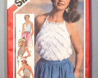 S5997 | sz 8 | Simplicity 5997 Retro 80s Lined Bias Halter Tops Sewing Pattern: Self Ties, Lace Trim, Summer Casual Top, Elastic, Drawstring