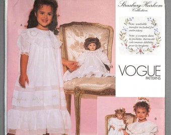 V2105 | sz 6-8, 18 inch | Strasburg Heirloom Collection Vogue 2105 Girl / Doll Dress & Slip or Nightgown Sewing Pattern, Embroidery Transfer