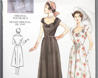 V2289 | sz 12 | Vogue 2289 Original 1949 Design Vintage Retro Reprint 1940s 40s Elegant Dress Sewing Pattern: Sweetheart Neckline Post War