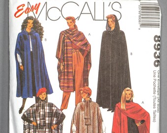 M8936 | szs 6-20 | McCalls 8936 Misses Capes Sewing Pattern: Poncho Style Rectangle Cut or Seamed and Flared, Unlined, Hood Collar Arm Holes