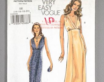 V8285 | szs 14-20 | Very Easy Vogue 8285 High Waisted Floor Length Lined Dress, Evening Gown Sewing Pattern: Deep V Neck, Sleeveless, Flared