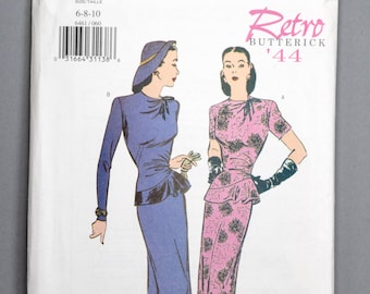 B6461 | 6-8-10 | Butterick 6461 Retro '44 Women's Sewing Pattern 1940s 1944 Vintage Reprint Dress Dropped Waist Asymmetric Peplum Fitted