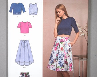 S8609 | szs 4-12 | Simplicity 8609 Pleated Skirt and Cropped Knit Tops: Knee Length or High Low Hem, Faux Wrap, Keyhole Openings, Sleeveless