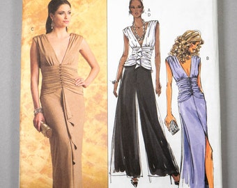 B4982 | szs 16-22 | Butterick 4982 Fitted Lined Dress, Evening Gown or Top and Wide Leg Pants Sewing Pattern: Deep V Neck, Shirred Midriff