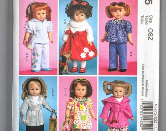 May include: A sewing pattern for making doll clothes. The pattern includes six different outfits for a doll, including a blue jacket with white pants, a red dress with white flowers, a blue and white patterned shirt with blue jeans, a silver jacket with black pants, a white and black polka dot dress with green pants, and a pink jacket with white and pink patterned pants. The pattern is for size OSZ and is from McCall's Crafts.