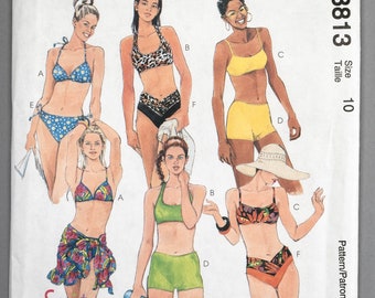 M4301 | size 10 | McCall's 4301 Misses' Swimsuit Sewing Pattern 1997 90s Suit Yourself Two Piece Swim Wear Bikini Sports Bra Shorts Sarong