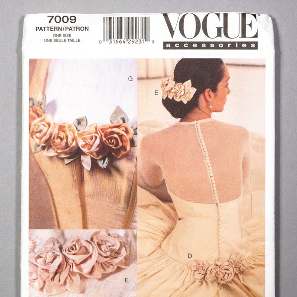 V7009 | OSZ | Vogue Accessories 7009 Bridal Accents Sewing Pattern: Fabric Roses Flowers, Ring Pillow, Bag, Hair Piece, Corsage, Silk, Satin