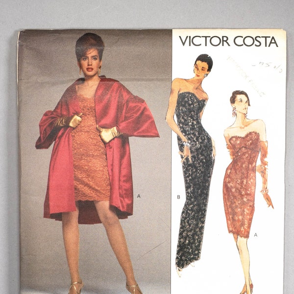 V2587 | szs 6-10 | Victor Costa Vogue American Designer 2587 90s Evening Gown Cocktail Dress, Coat Sewing Pattern: Prom Lace Strapless Boned