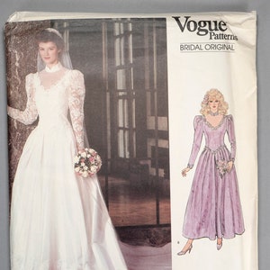 May include: Vogue Patterns Bridal Original pattern number 1092. The pattern shows two women wearing wedding dresses. The woman on the left is wearing a white dress with a long train and lace sleeves. The woman on the right is wearing a lavender dress with a shorter train and lace sleeves.