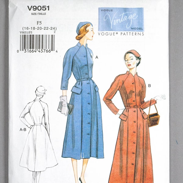 V9051 | szs 16-24 | Vogue 9051 Original 1951 Design Button Front Coat Dress & Self Belt Sewing Pattern: 50s Vintage Reprint Flap Pockets