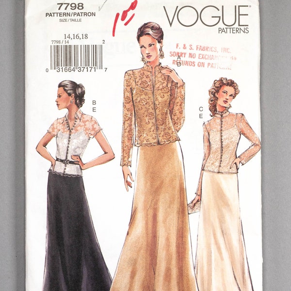 V7798 | szs 14-18 | Vogue 7798 Evening Ensemble Camisole, Sheer Lace Top, Floor Length Flared Skirt Sewing Pattern: Bridal, Special Occasion