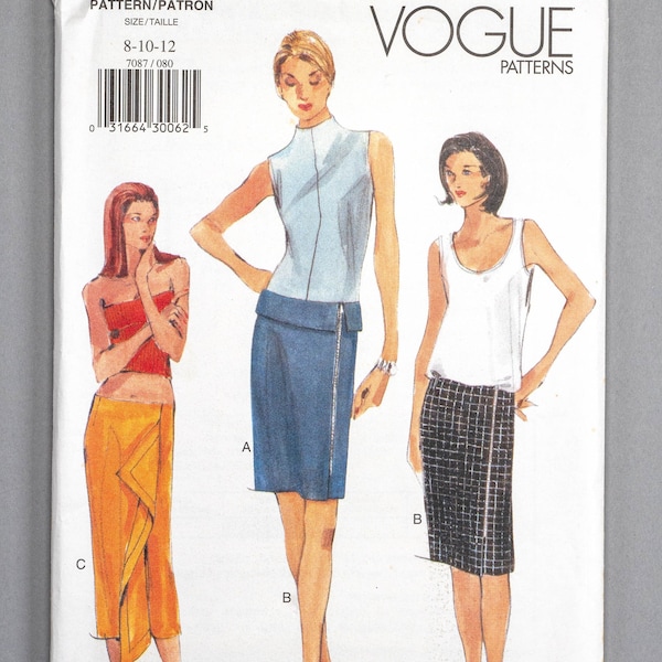 V7087 | sz 8-12 | Vogue 7087 Misses Skirt Sewing Pattern: Semi Fitted, Straight, Knee or Calf Length Drape Front Low Waist Decorative Zipper